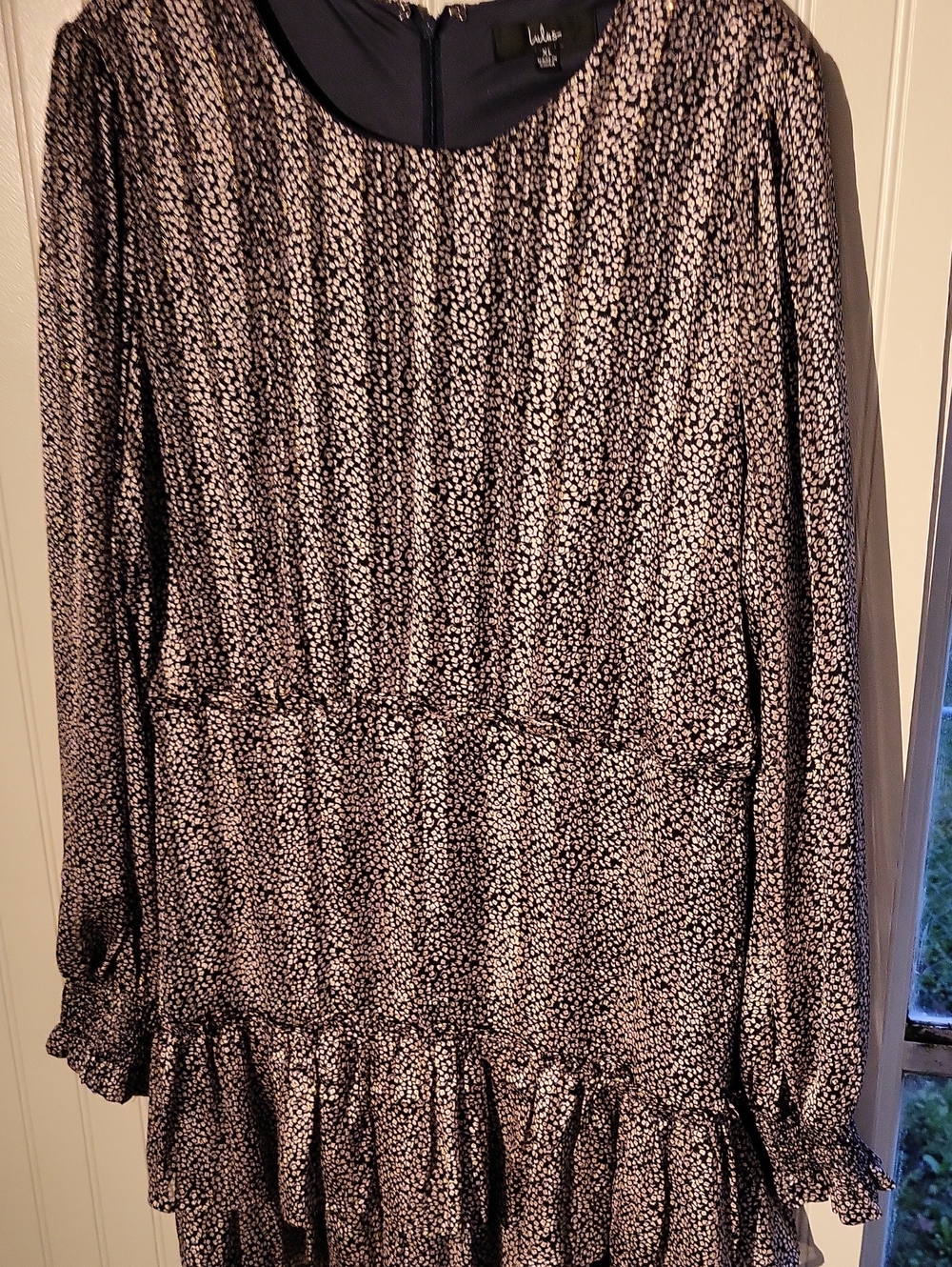 Lulu's Navy and White Micro Floral Scoop Neck Long Sleeve Tiered Dress, SIZE XL